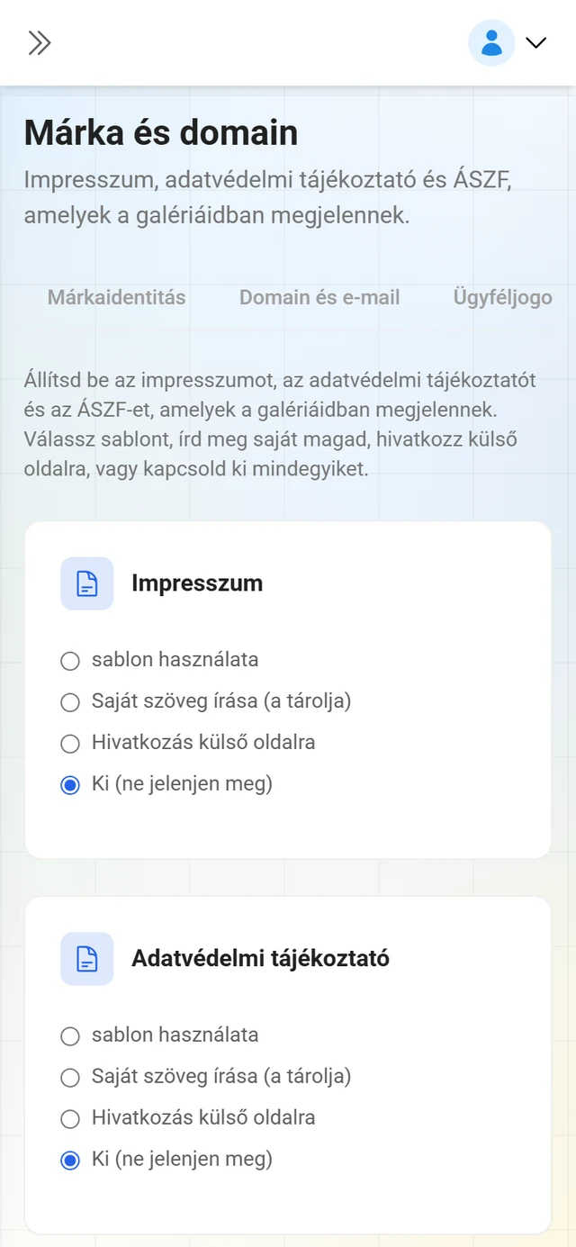 A márkakezelés Jogi dokumentumok füle