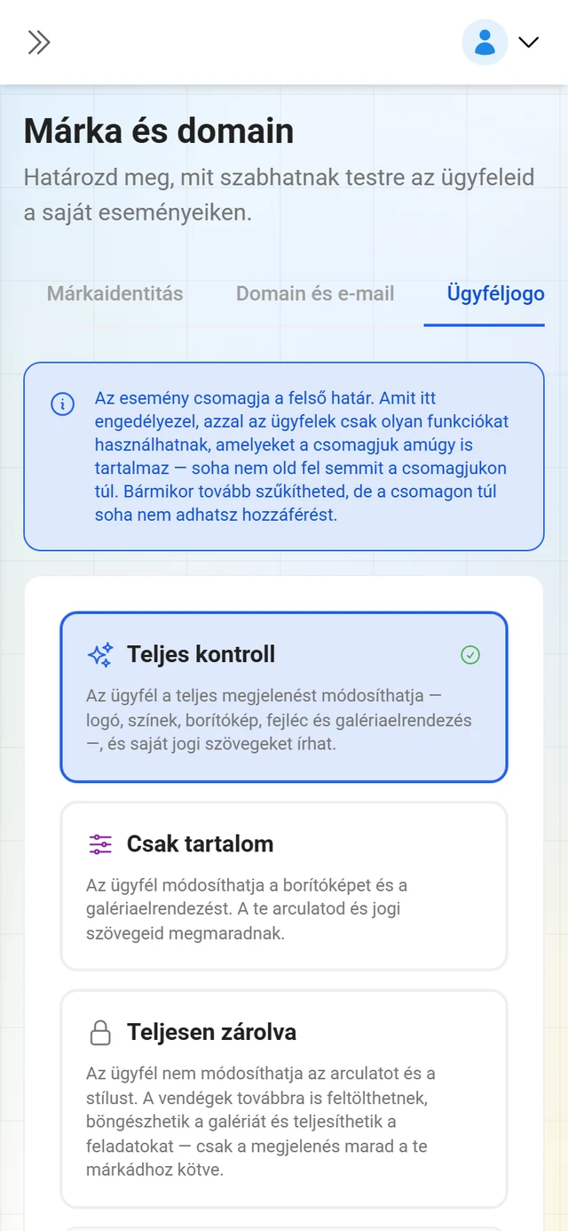 Az Ügyféljogosultságok fül a területenkénti kapcsolókkal