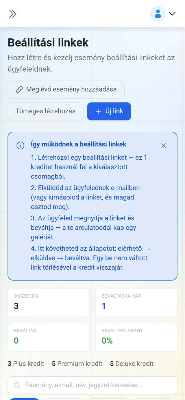 Beállítási linkek oldal kulcsszámokkal és a kulcsok listájával
