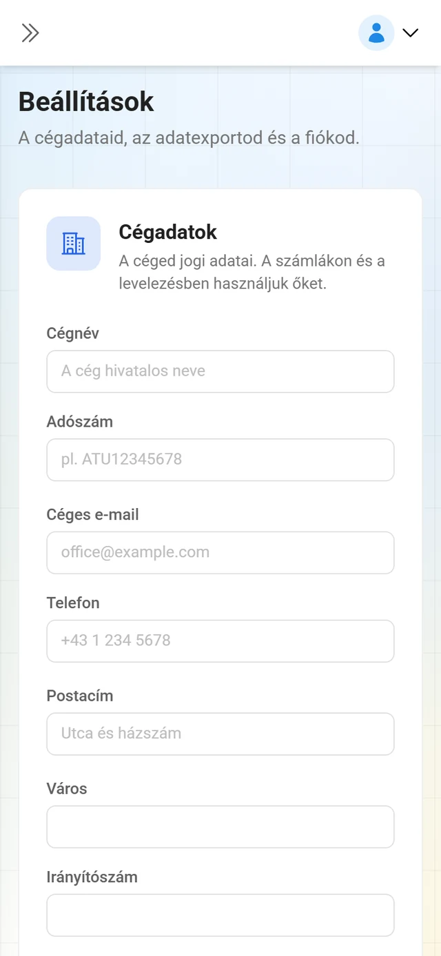 Beállítások oldal a Cégadatok űrlappal