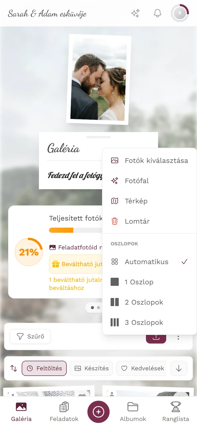 Nyitott galéria ⋮ továbbiak menü mobilon, a Fotófal opcióval