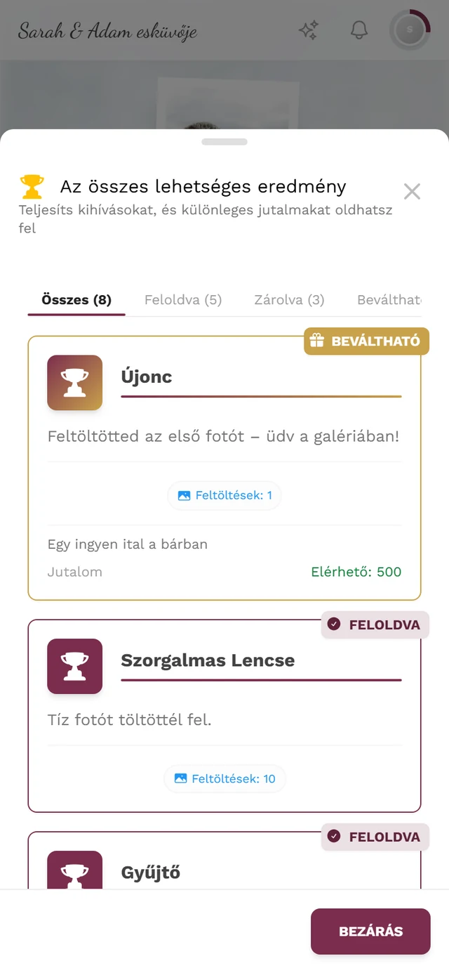 Az összes lehetséges elért eredmény párbeszédablak az Összes, Feloldva és Zárolva fülekkel