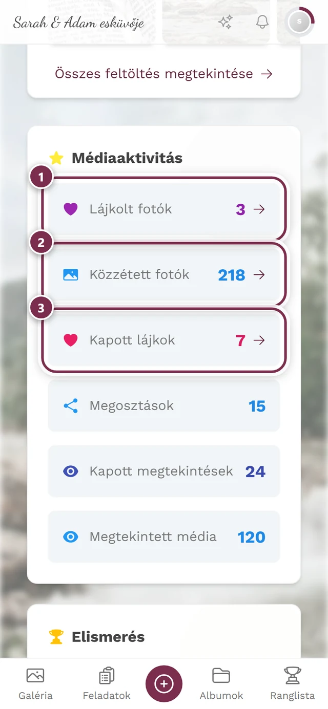 Statisztikakártyák három jelöléssel a médiaaktivitás kártyán