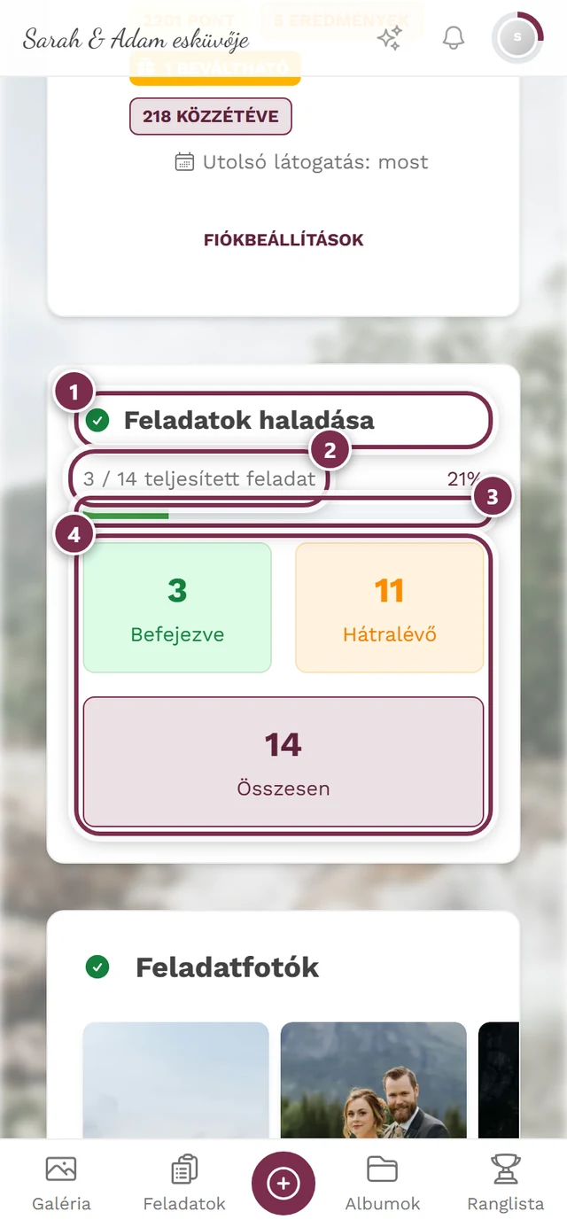 Feladatok haladása egy folyamatjelző sávval és három kártyával