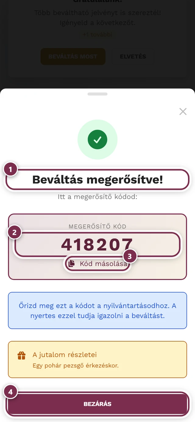 Sikeres párbeszédablak a hatjegyű visszaigazoló kóddal, négy jelöléssel