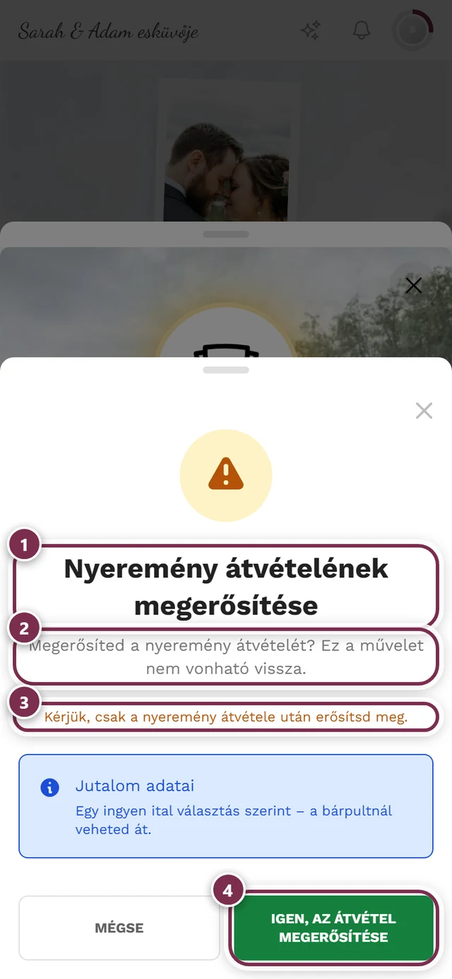 „Nyeremény átvételének megerősítése” figyelmeztető párbeszédablak négy jelöléssel