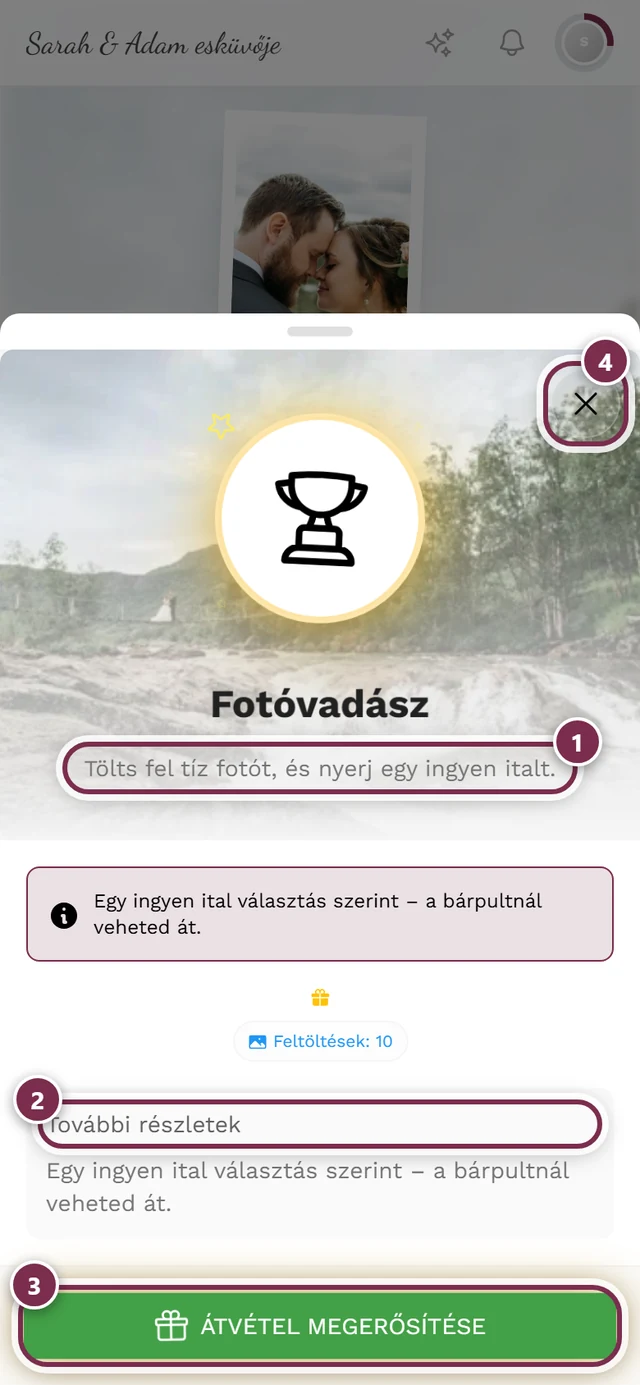 A jutalom részletes párbeszédablaka négy jelöléssel