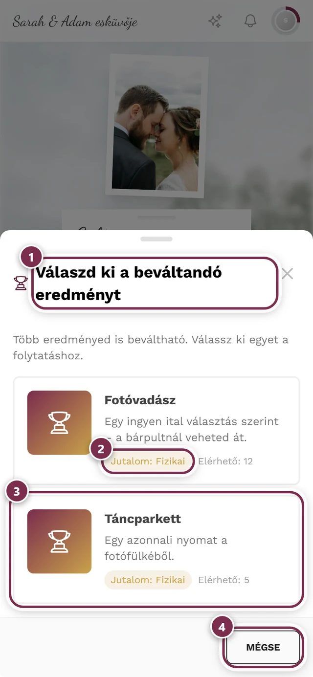 Kiválasztó párbeszédablak két jutalomkártyával és négy jelöléssel