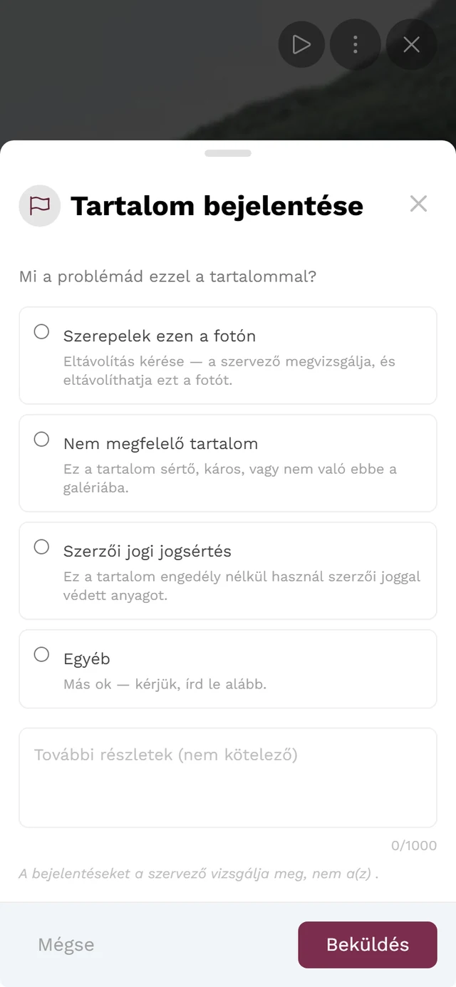 Bejelentési párbeszédablak az indokok kiválasztásával