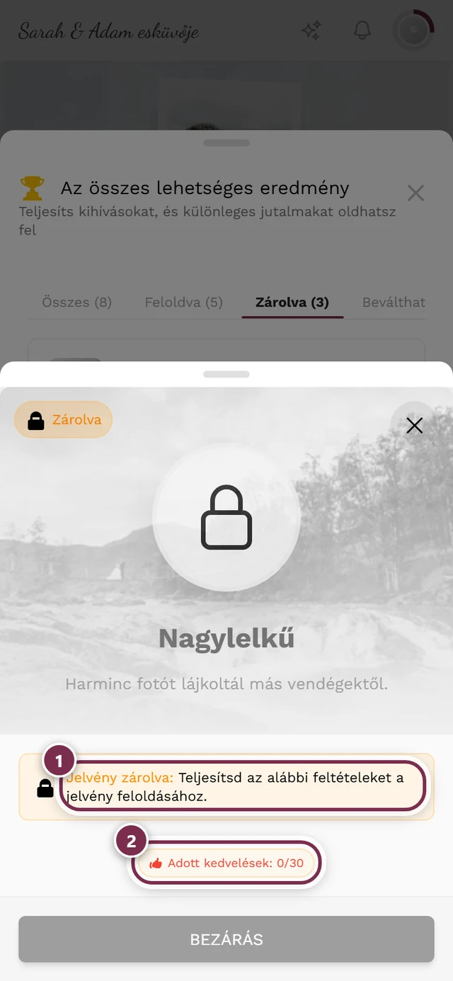 Zárolt elért eredmény párbeszédablaka a figyelmeztetéssel és a pirosan jelölt feltétellistával