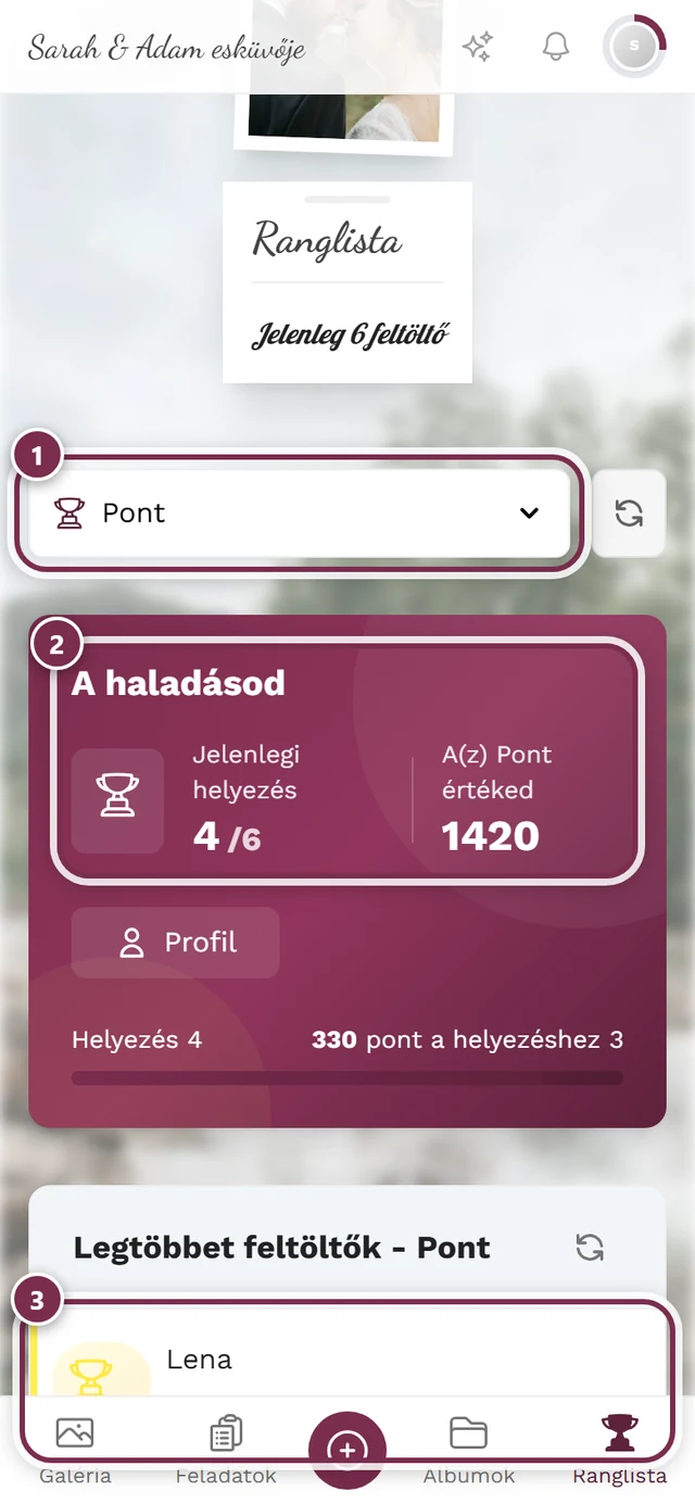 Ranglista három jelöléssel: mérőszám, saját helyezés, első hely