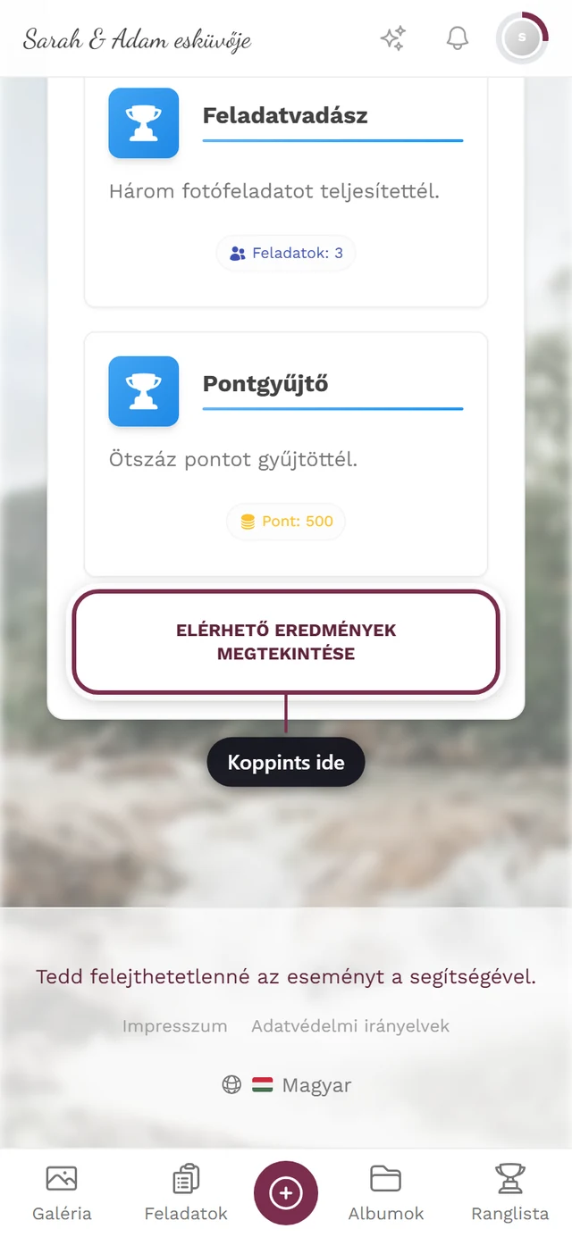 A profil elért eredmények szakasza a pirosan jelölt Elérhető eredmények megtekintése gombbal