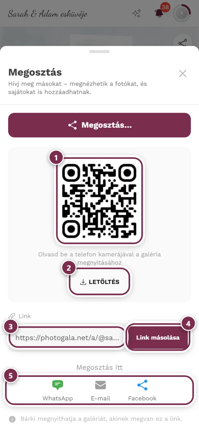 Megosztási párbeszédablak QR-kóddal, letöltés gombbal, link mezővel, link másolása gombbal és a közvetlen gombokkal