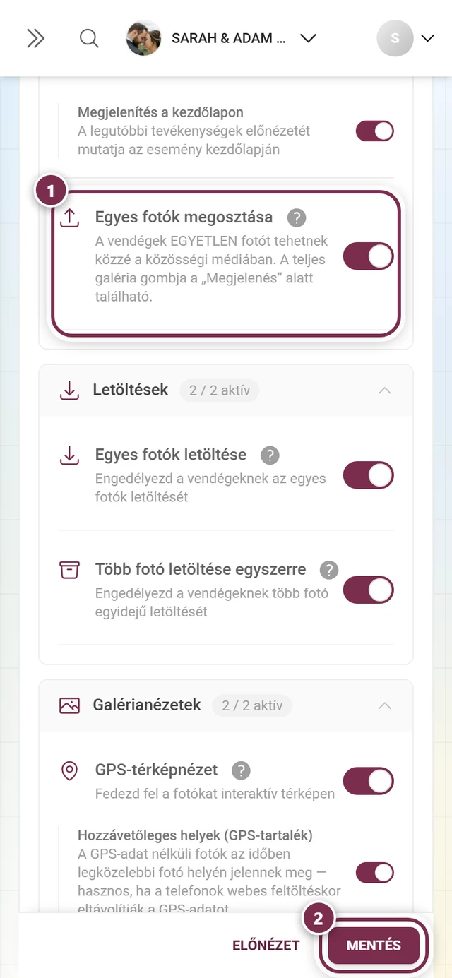Galéria funkciói fül a kiemelt Egyes fotók megosztása kapcsolóval