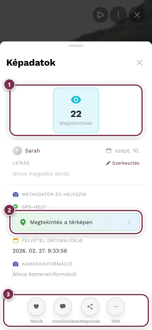 Képadatok párbeszédablak statisztikákkal, feltöltővel, leírással és felvételi adatokkal