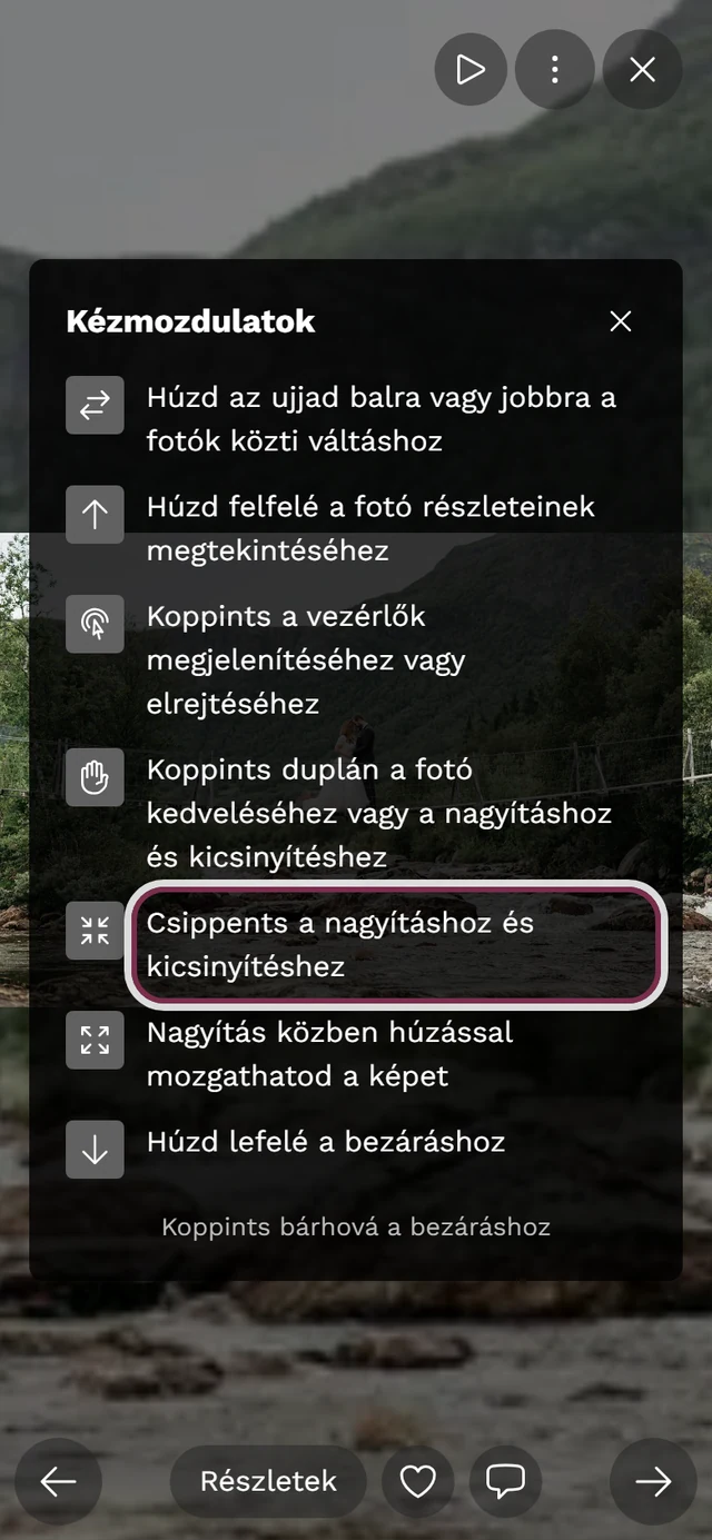 Megjelenített kézmozdulat-súgó a teljes képernyős nézetben, a csippentés sora kiemelve