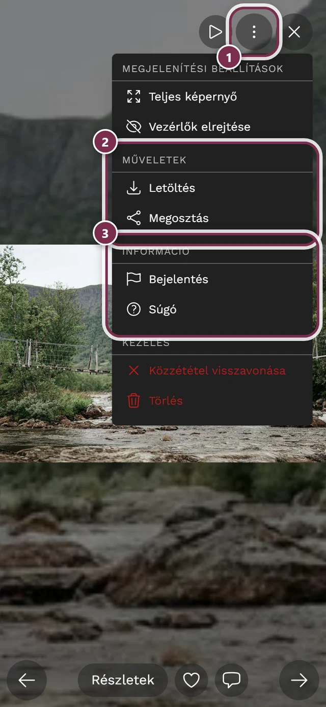 Megnyitott hárompontos menü Vezérlők elrejtése, Letöltés, Megosztás, Bejelentés és Súgó bejegyzésekkel