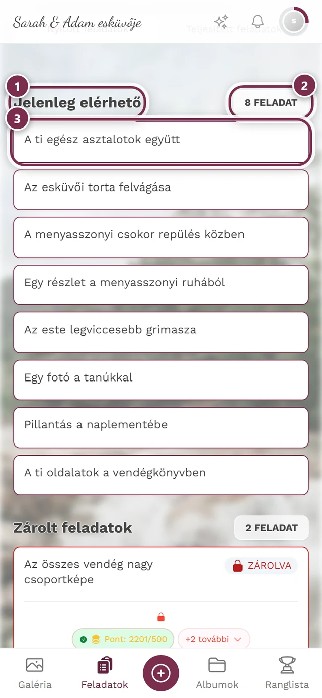 Jelenleg elérhető szakasz három jelöléssel: cím, számláló, első feladatkártya