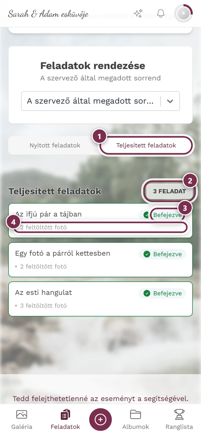 Teljesített feladatok fül négy jelöléssel: aktív fül, számláló, zöld pipa, saját fotók száma