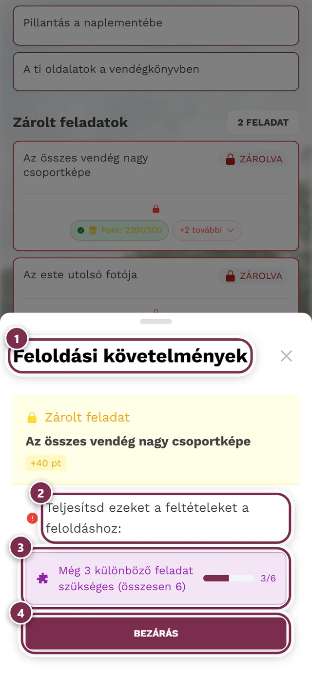 Feloldási feltételek párbeszédablak négy jelöléssel: cím, bevezető, első feltétel haladássávval, Bezárás gomb