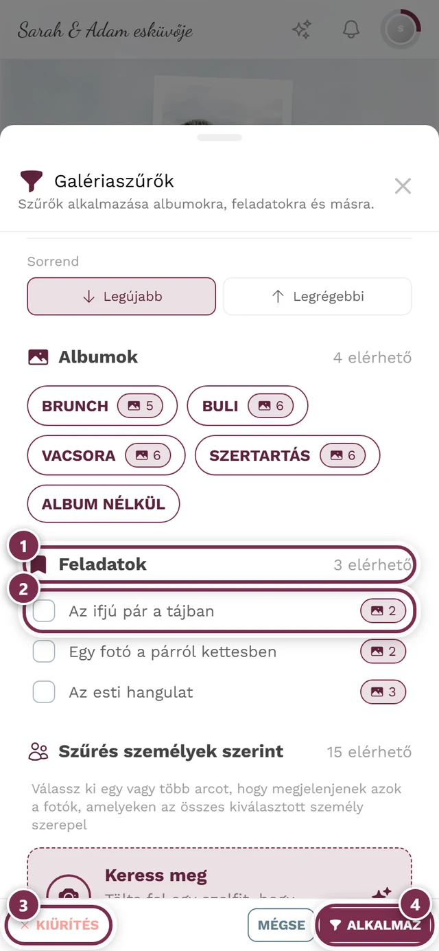 Galériaszűrők párbeszédablak négy jelöléssel: Feladatok szakaszfejléc, első jelölőnégyzet, Törlés, Alkalmaz
