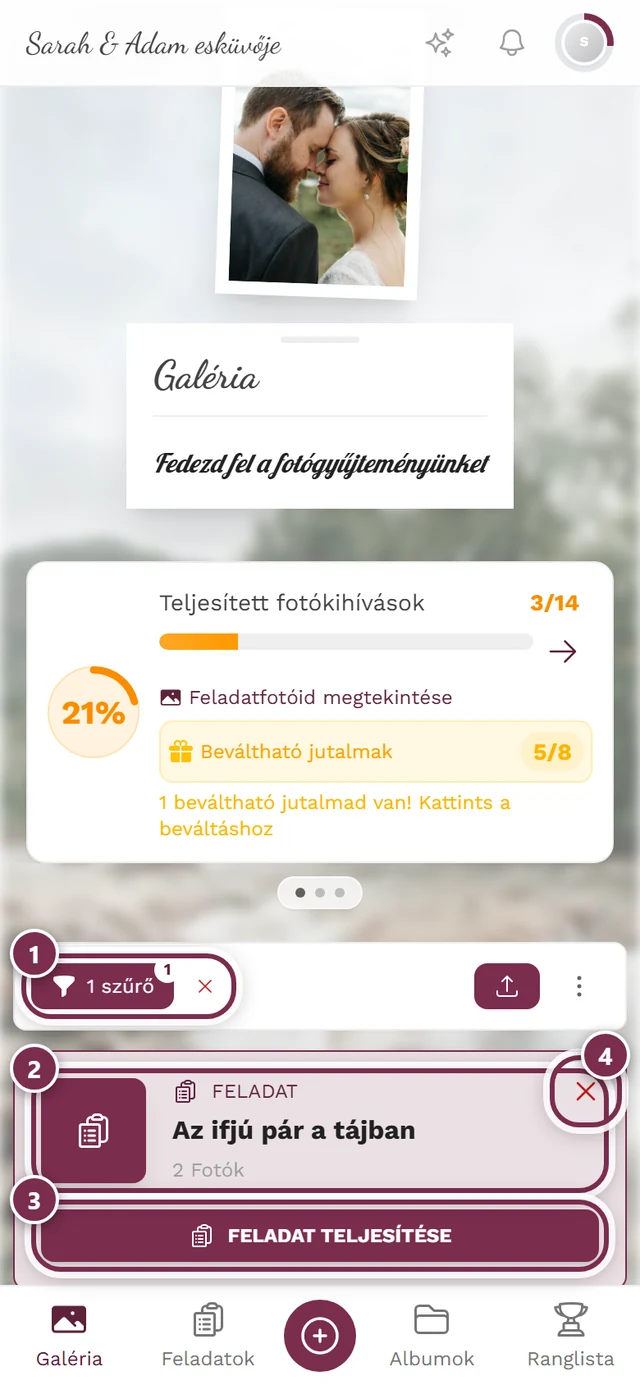 Galéria egy feladatra szűrve négy jelöléssel: szűrő chip, feladatfejléc, Feladat teljesítése gomb, X az eltávolításhoz