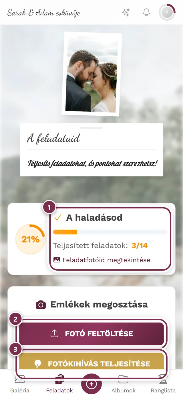 Feladatok oldal három jelöléssel: haladás, fotó feltöltése, fotókihívás teljesítése