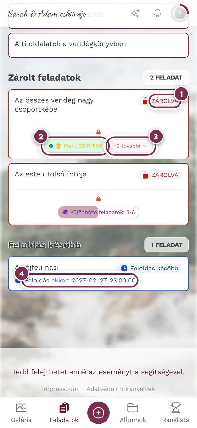 Zárolt feladatok szakasz négy jelöléssel: A feloldás feltételei sor, feltétel címke, hátralévő feltételek címkéje, dátumsor