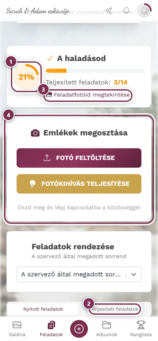A feladatok oldal fejléce négy jelöléssel: haladásgyűrű, Teljesített feladatok sor, link, Emlékek megosztása kártya