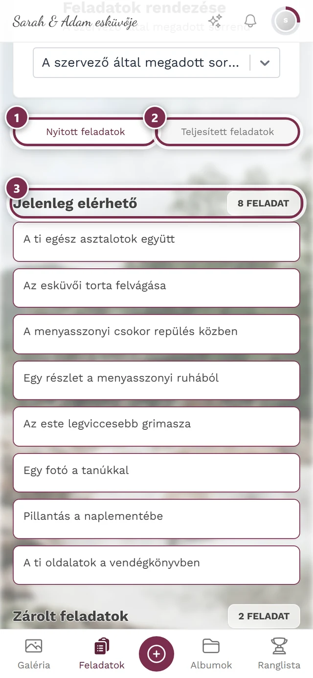 Feladatok oldal három jelöléssel: Nyitott feladatok fül, Teljesített feladatok fül, az első szakasz fejléce