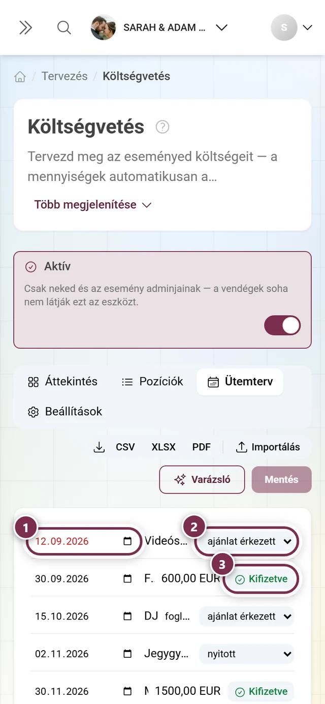 Ütemterv a határidővel, egy foglalás állapotával és a Kifizetve gombbal egy részletnél