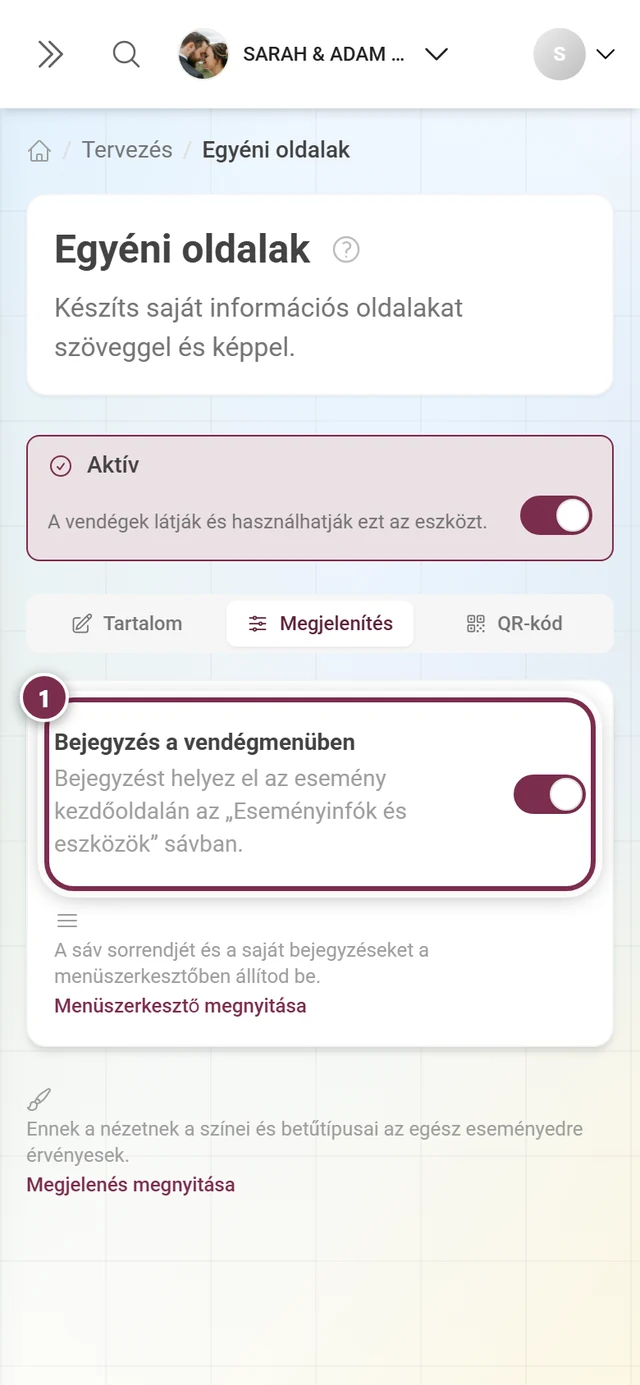 Az Egyéni oldalak Megjelenítés füle a kiemelt Bejegyzés a vendégmenüben kapcsolóval