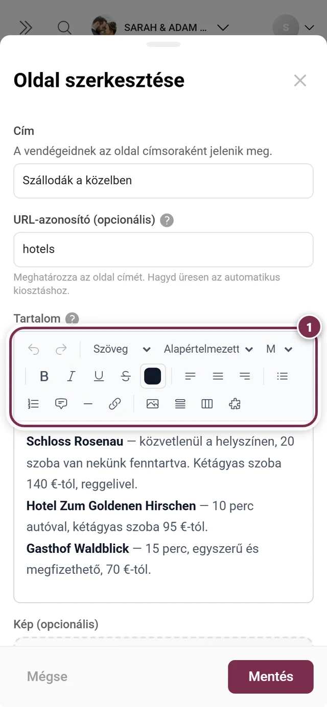 Oldal-párbeszédablak a kiemelt bővített szövegszerkesztő eszköztárral