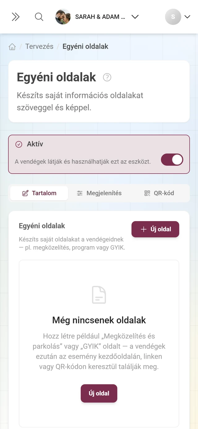 Az Egyéni oldalak üres állapota a Még nincsenek oldalak felirattal és az Új oldal gombbal