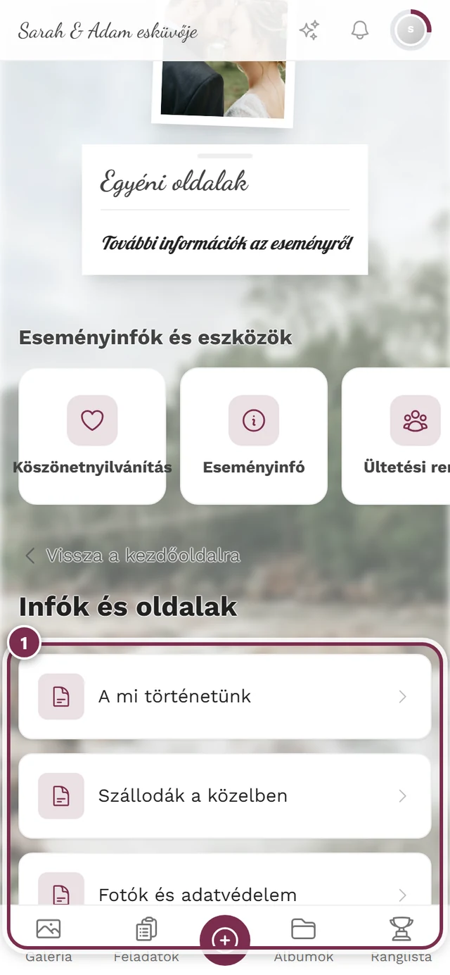 Az Infók és oldalak áttekintő oldal a vendégnézetben, három bejegyzéssel