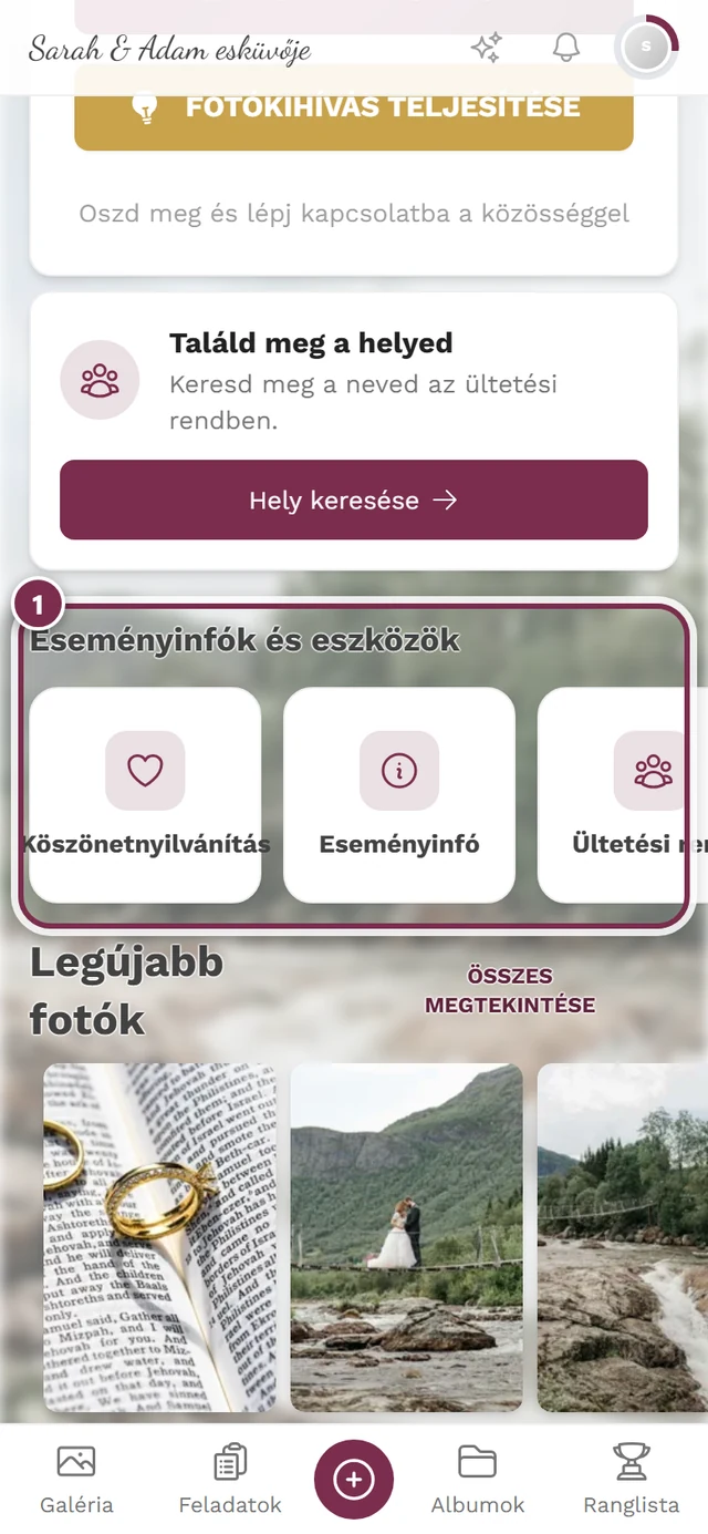 Az Eseményinfók és eszközök sáv a vendégek kezdőlapján egy egyéni oldal kiemelt kártyájával