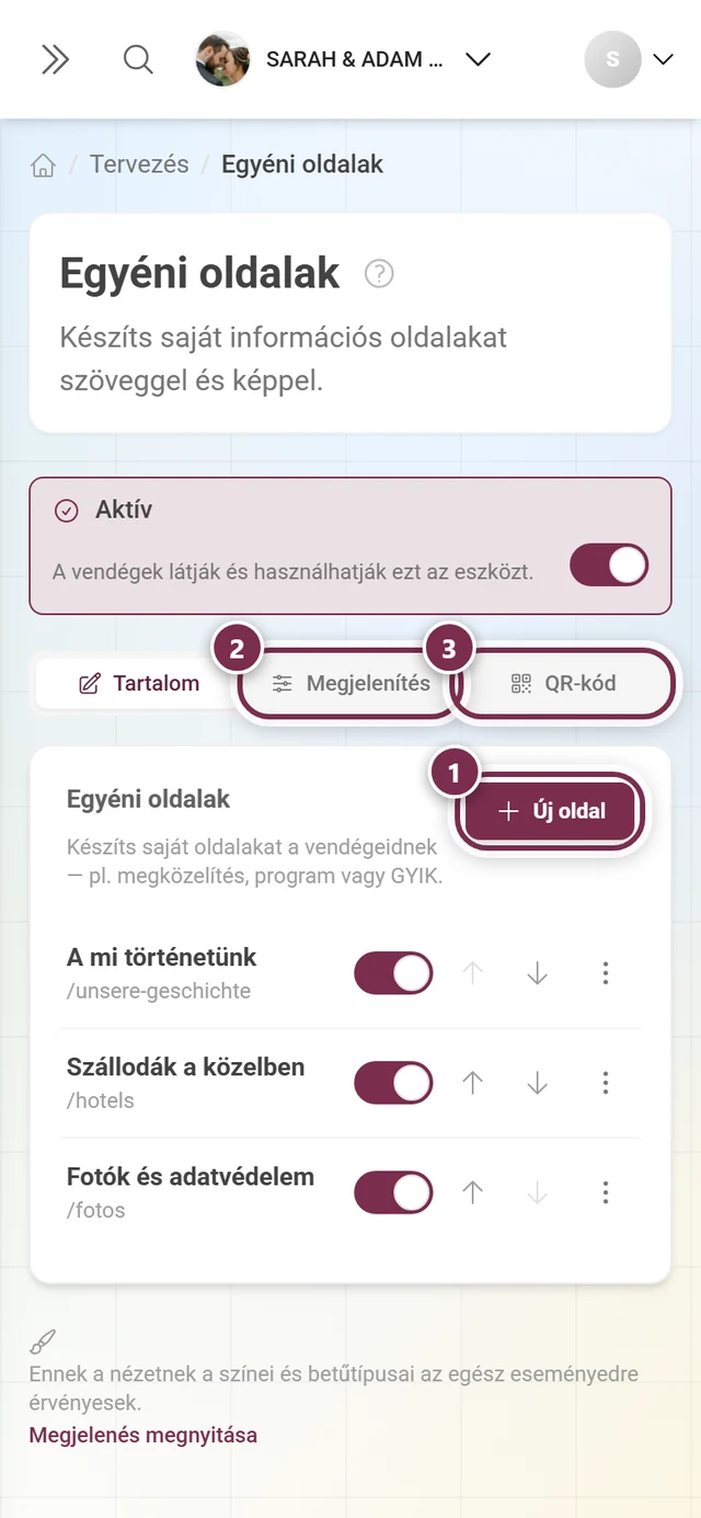 Az Egyéni oldalak fejléce a kiemelt Új oldal gombbal és a Megjelenítés, illetve QR-kód fülekkel