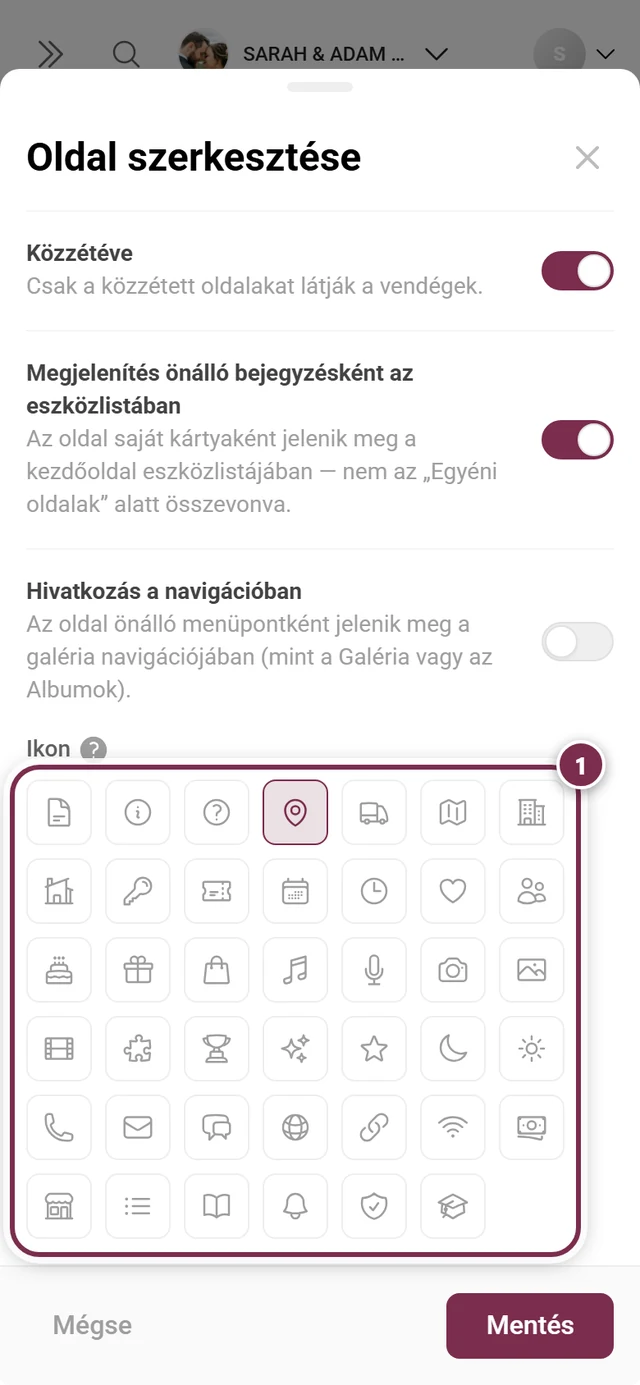 Ikonválasztó az oldal-párbeszédablakban negyvenegy ikonnal, a térkép ikon kiválasztva