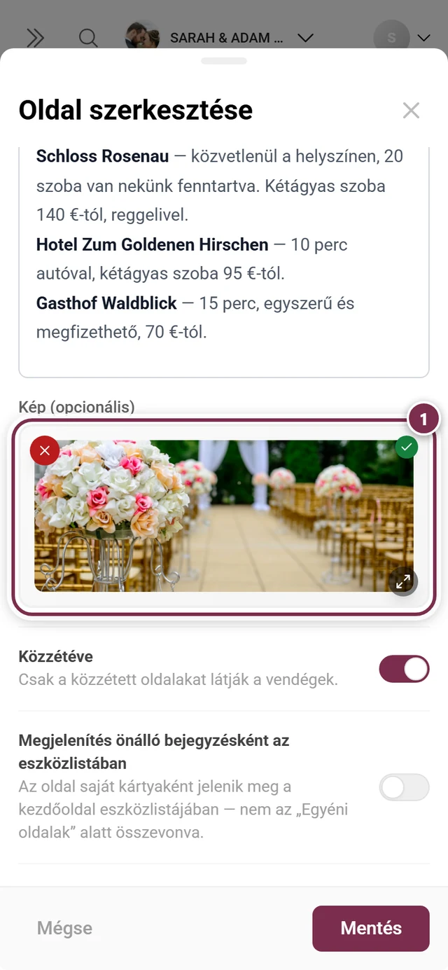 Oldal-párbeszédablak a kiemelt képterülettel és egy kiválasztott mintafotóval