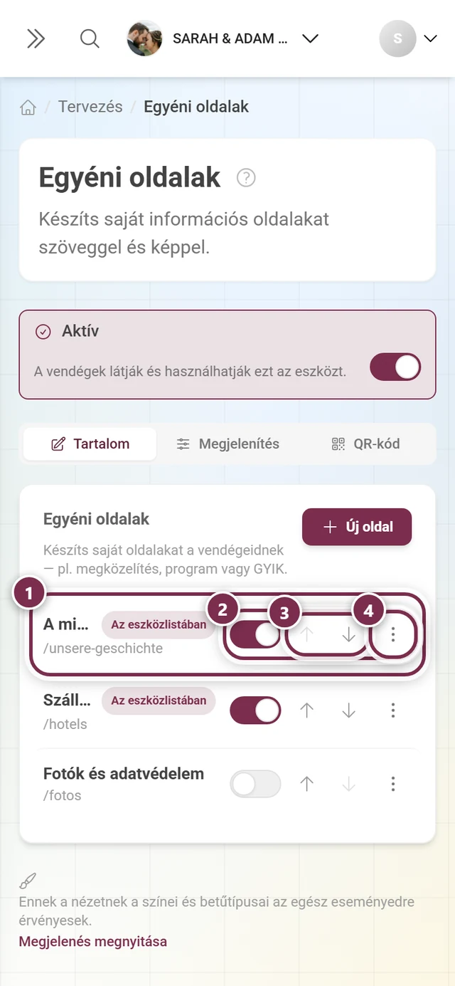 Lista három egyéni oldallal, kiemelve egy sor, a Közzétéve kapcsoló, a nyilak és a hárompontos menü