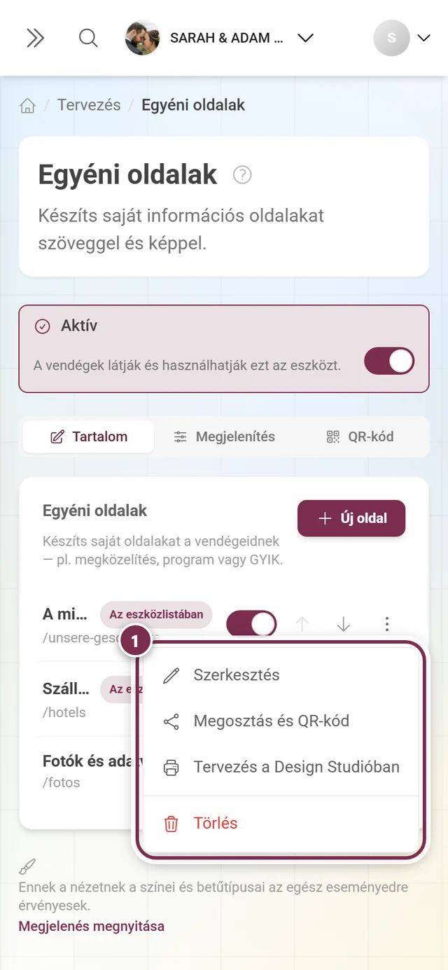 Egy oldal megnyitott hárompontos menüje négy bejegyzéssel