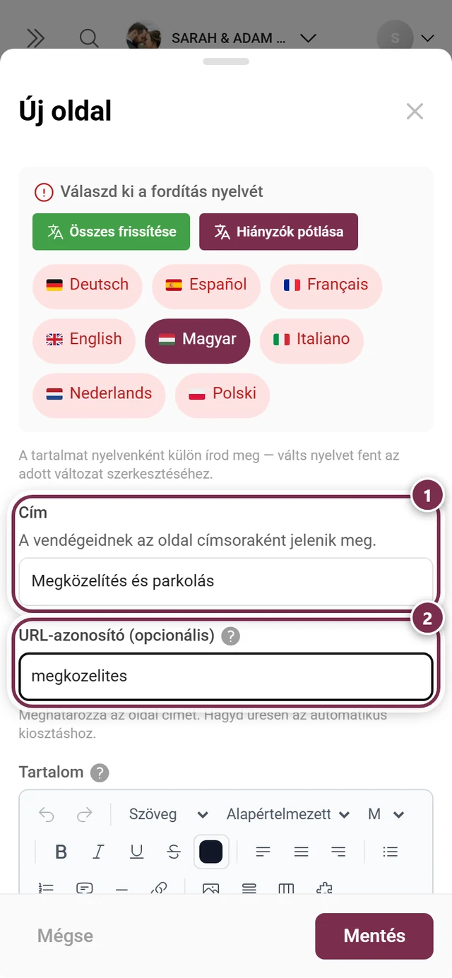 Új oldal párbeszédablak a kitöltött Odajutás és parkolás címmel és az odajutas URL-azonosítóval