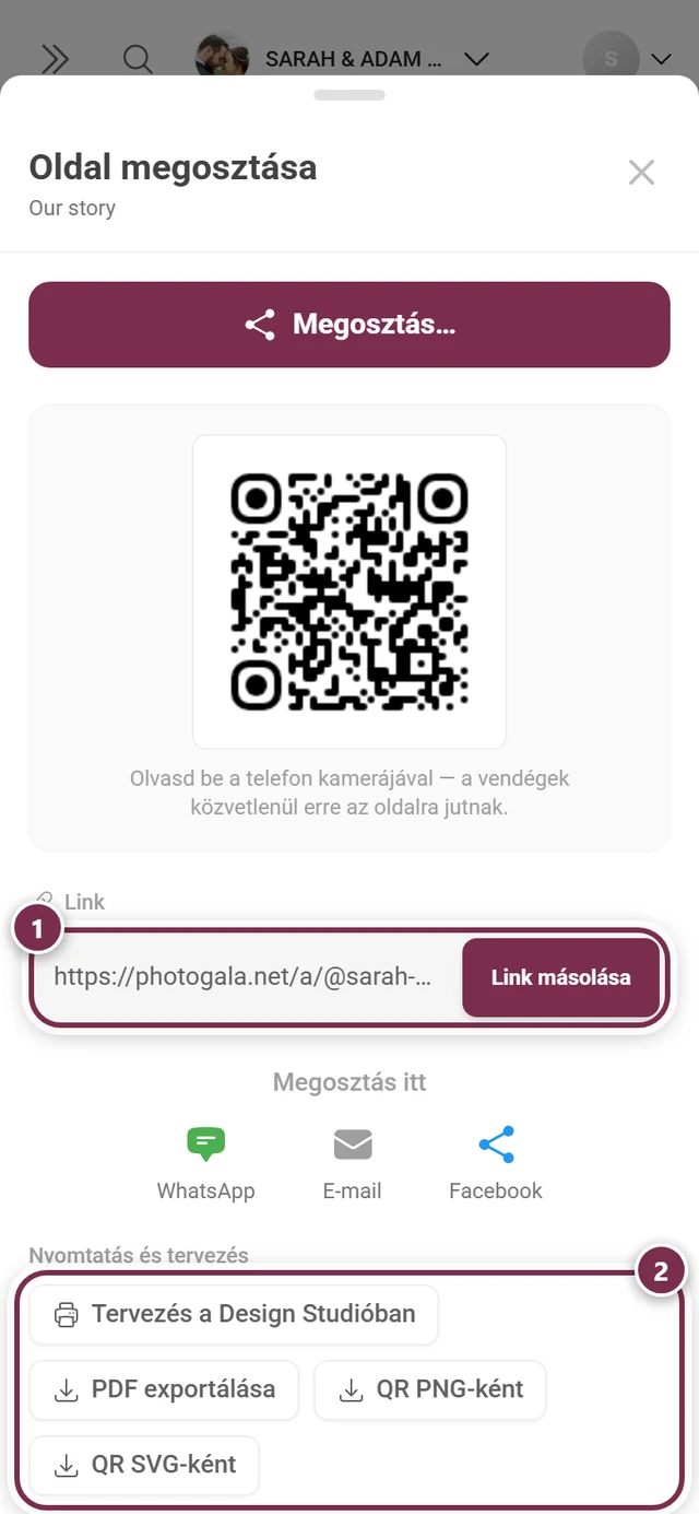 Egy egyéni oldal megosztási párbeszédablaka a kiemelt linksorral és a négy nyomtatási és tervezési gombbal