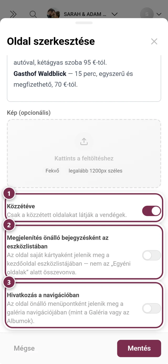 Az oldal-párbeszédablak három kapcsolója, mindegyik külön kiemelve