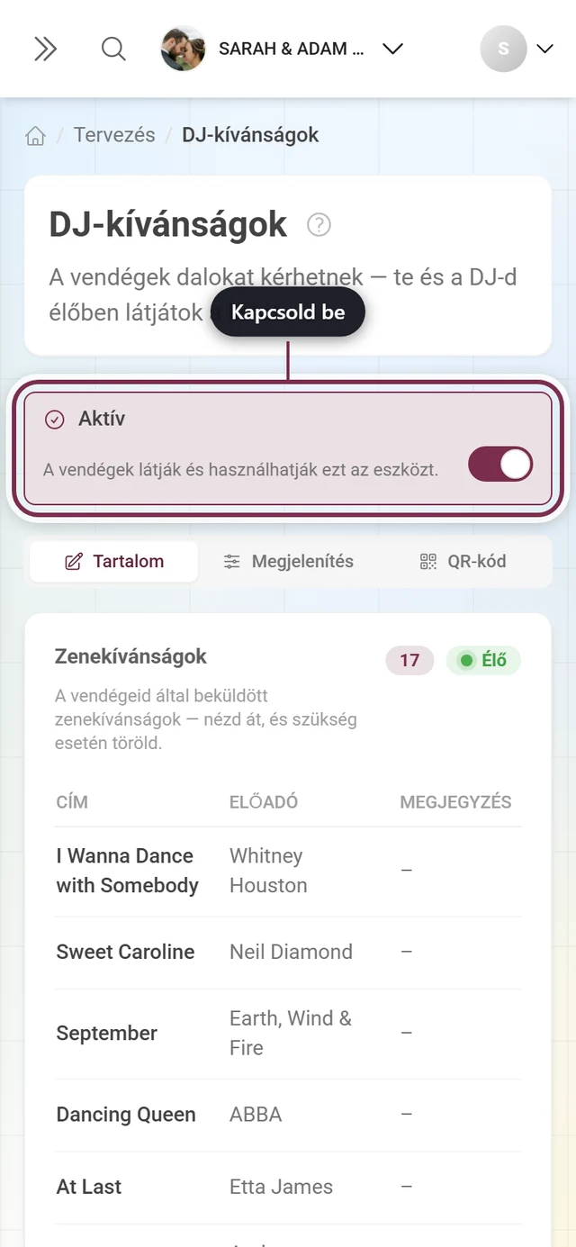 DJ-kívánságok szerkesztő a kiemelt fő kapcsolóval