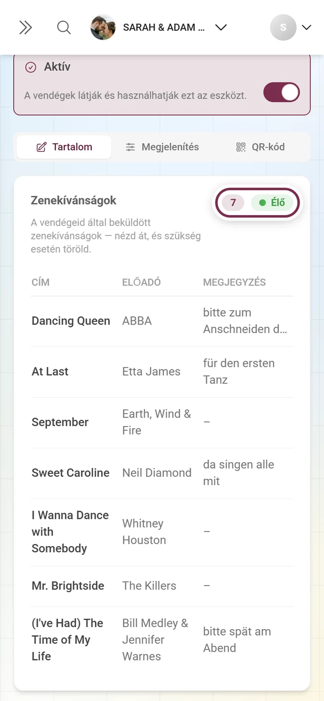 Zenekívánságok címsor a kiemelt összesített számmal és az Élő chippel