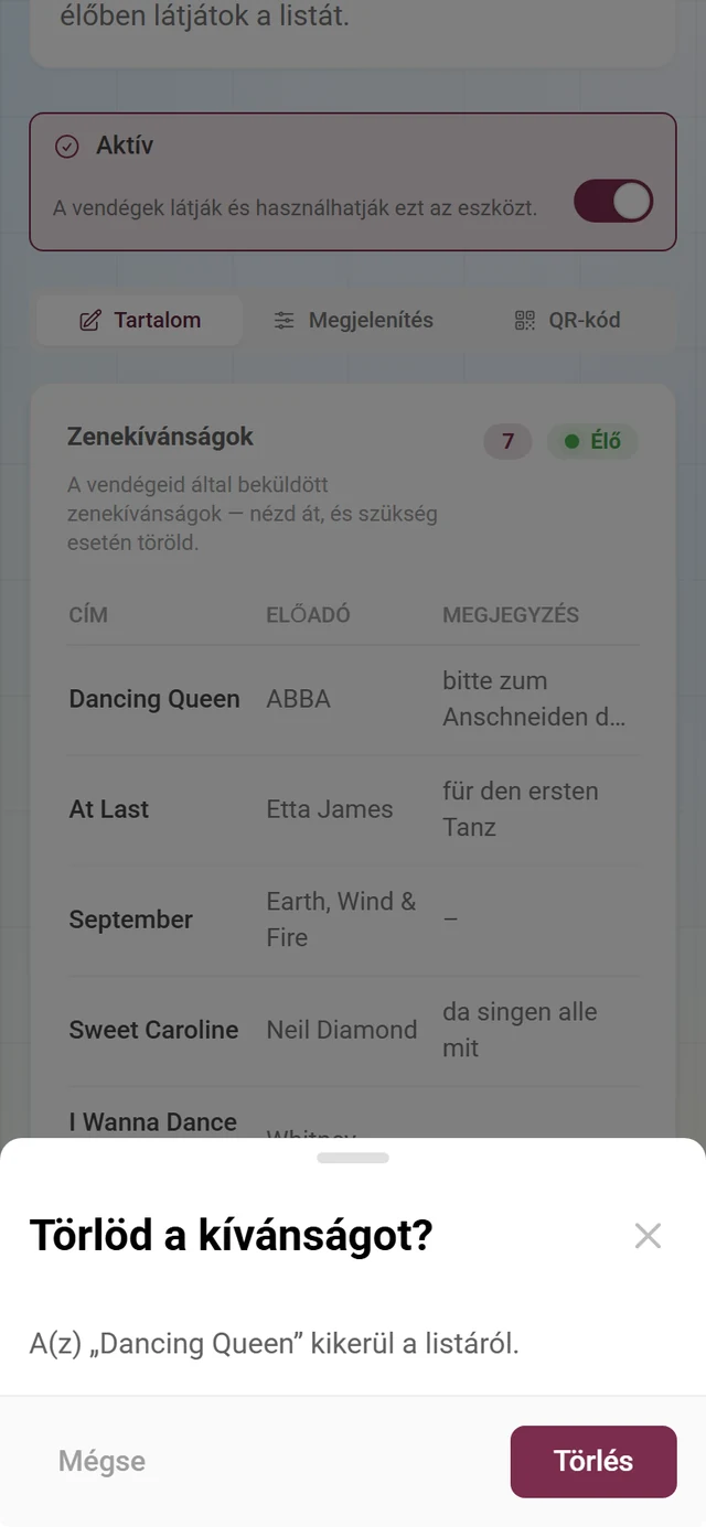 A Törlöd a kívánságot? visszakérdezés az érintett kívánság címével