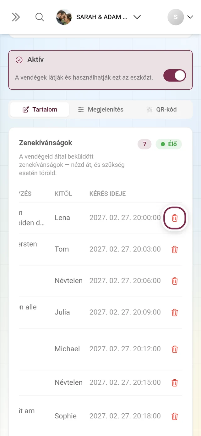 Kívánságlista a kiemelt kuka ikonnal az első sor végén