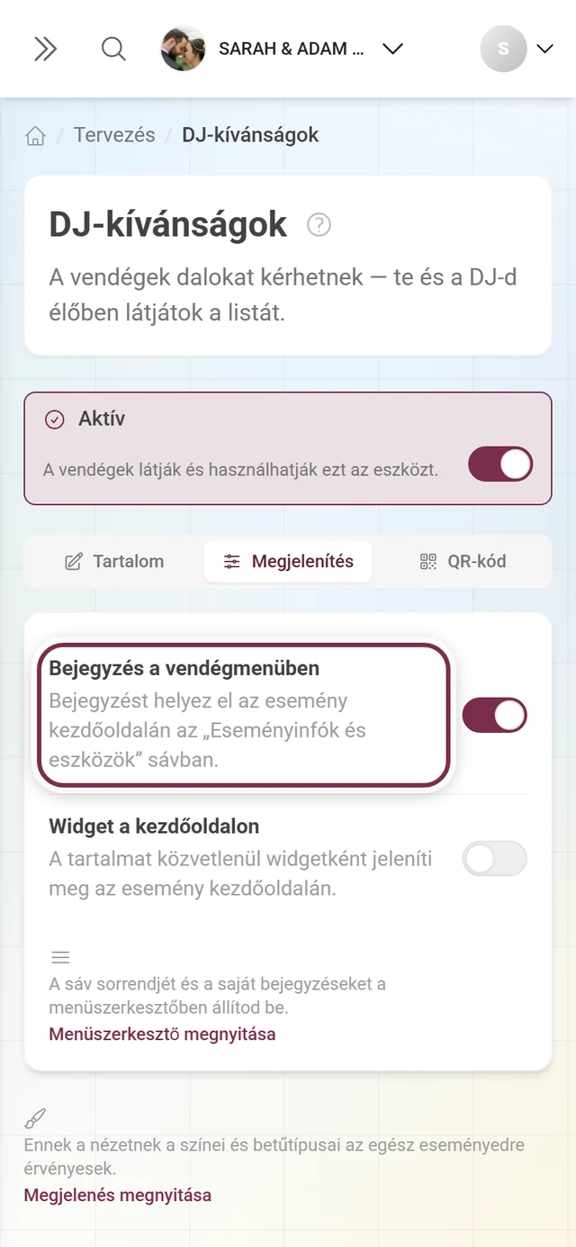 A DJ-kívánságok Megjelenítés füle a kiemelt Bejegyzés a vendégmenüben kapcsolóval