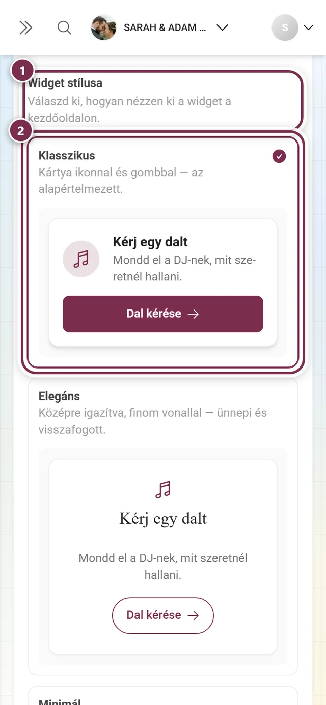 Widget stílusa blokk a kiemelt címsorral és a Klasszikus kártyával